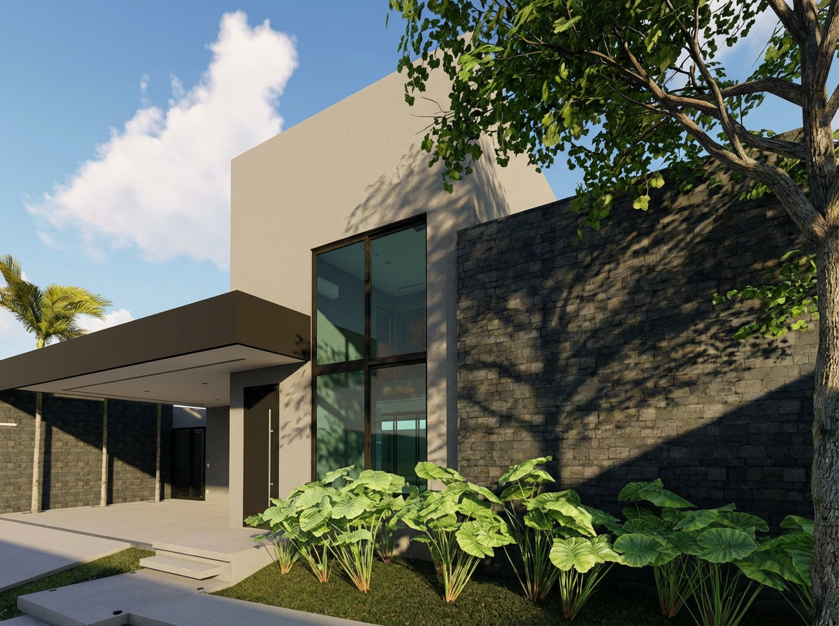 Residência Campos — render perspectiva 3/4 · ECOARTT