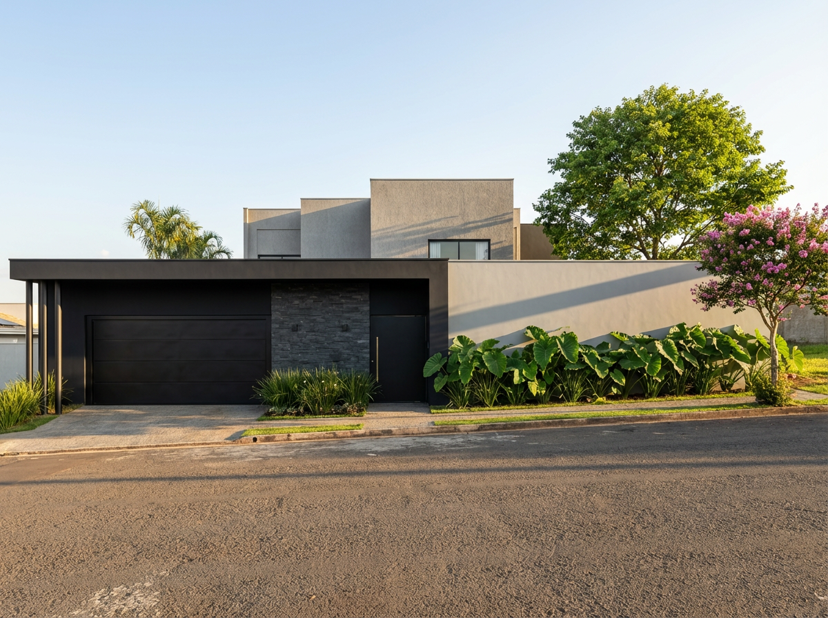 Residência Campos — render fachada frontal com jardim tropical · ECOARTT