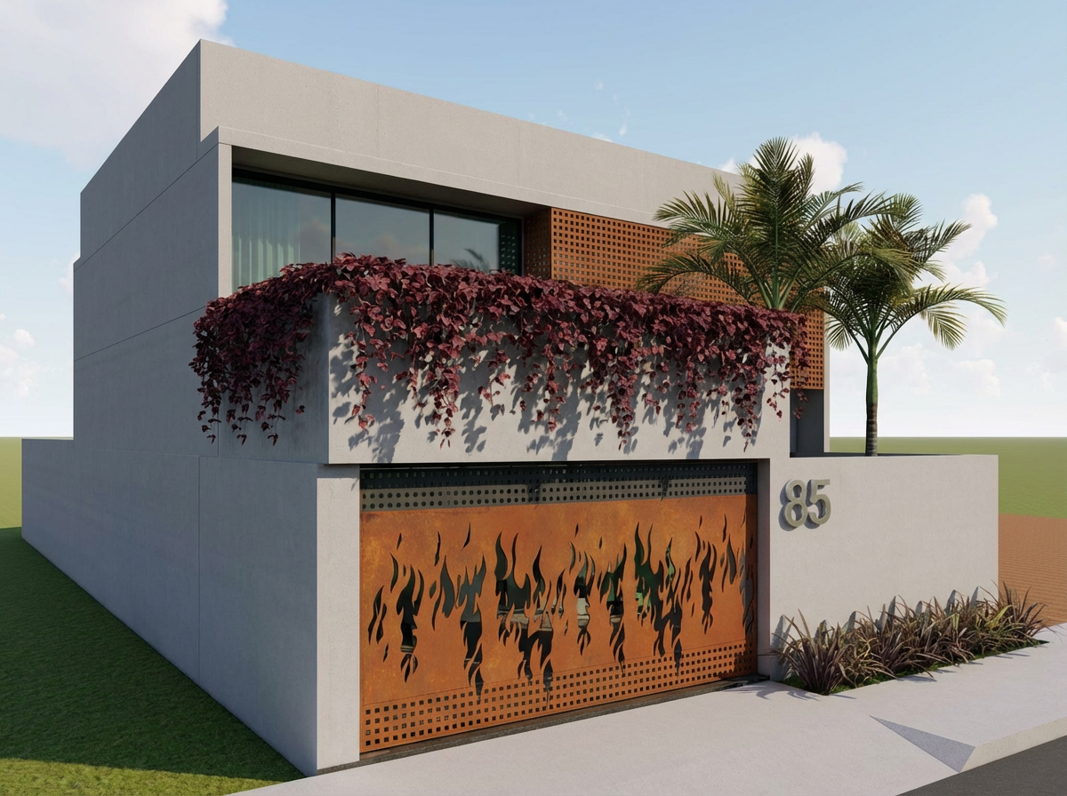 Casa Moutinho — render perspectiva 3/4 corten e concreto · ECOARTT