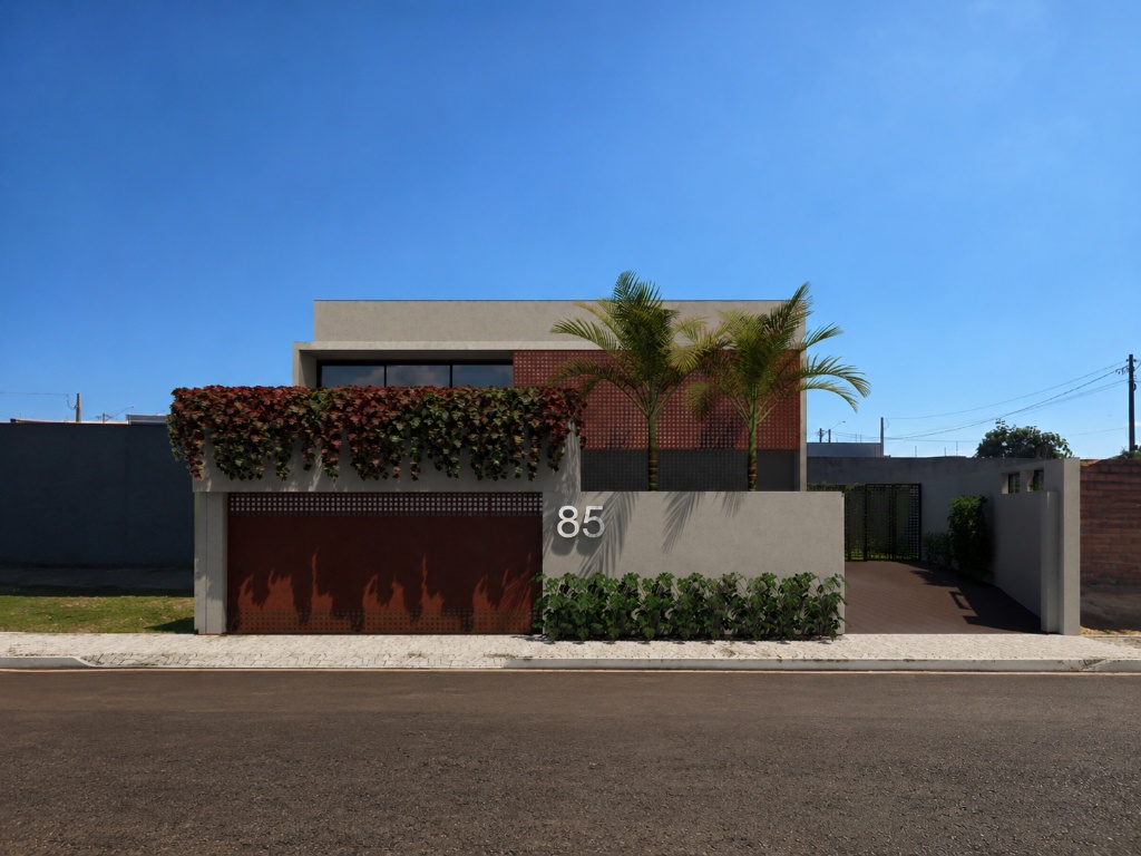 Casa Moutinho — render fachada frontal com portão corten e palmeiras · ECOARTT
