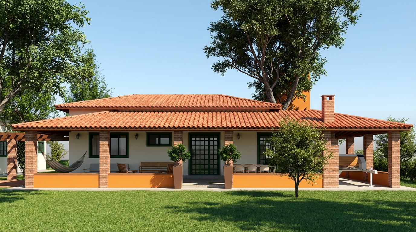 Rancho Tonon — fachada frontal com telha colonial e pilares de tijolo · ECOARTT